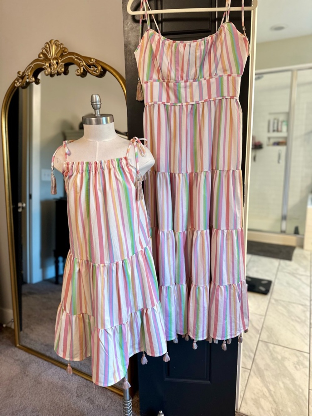 Mommy & Me Rainbow Stripe Tassel Dresses | Matching Mom Daughter Tiered Sundress